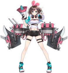 Rule 34 | 1girl, ankle boots, azur lane, bare shoulders, belt, black gloves, black shorts, black socks, blue eyes, blush, boots, bow, bowtie, breasts, brown hair, cannon, character name, choker, cropped jacket, detached sleeves, fingerless gloves, full body, gloves, hairband, headphones, headphones around neck, holding, holding megaphone, jacket, kizuna ai, kizuna ai (a.i. games), kizuna ai (supergamer) (azur lane), kizuna ai inc., kurot, lace-trimmed tube top, lace trim, looking at viewer, megaphone, multicolored hair, navel, official alternate costume, official art, open clothes, open jacket, outstretched arm, pink hair, pink hairband, ribbon, rigging, sailor collar, shirt, short hair, short shorts, shorts, sidelocks, skirt, smile, socks, solo, straight-on, strapless, streaked hair, tachi-e, thigh strap, thighs, torpedo tubes, transparent background, tube top, turret, virtual youtuber, wind