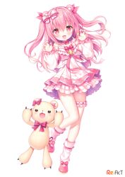 Rule 34 | 1girl, :d, animal ears, bare shoulders, bear ears, bow, claw pose, commentary request, copyright name, dress, full body, hair between eyes, hair bow, hair ornament, hands up, himekuma ribon, long hair, long sleeves, looking at viewer, open mouth, pink footwear, pink hair, pleated dress, puffy long sleeves, puffy sleeves, re:act, red eyes, sacraneco, shoes, simple background, sleeveless, sleeveless dress, sleeves past wrists, smile, socks, solo, standing, standing on one leg, stuffed animal, stuffed toy, teddy bear, two side up, very long hair, virtual youtuber, white background, white bow, white dress, white sleeves, white socks, x hair ornament