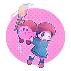 Rule 34 | 1girl, adeleine, arms up, artist kirby, beret, black hair, blue eyes, blue socks, blush, blush stickers, brown footwear, chiimako, collared shirt, commentary request, copy ability, green shirt, grey skirt, hat, holding, holding paintbrush, kirby, kirby (series), long sleeves, looking at viewer, nintendo, one eye closed, open mouth, outline, paint, paint splatter, paint splatter on face, paintbrush, pink background, polka dot, polka dot background, red headwear, shirt, shoes, short hair, simple background, skirt, socks, star (symbol), v-shaped eyebrows, white background, white outline
