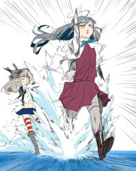 Rule 34 | 10s, 2girls, blew andwhite, boots, bow, bowtie, brown footwear, elbow gloves, gloves, grey footwear, grey hair, highres, kantai collection, kiyoshimo (kancolle), long hair, midriff, multiple girls, navel, ocean, open mouth, pantyhose, pleated skirt, rensouhou-chan, running on liquid, school uniform, serafuku, shimakaze (kancolle), sketch, skirt, splashing, striped clothes, striped legwear, striped thighhighs, surprised, sweatdrop, thighhighs, triangle mouth, white gloves