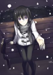 Rule 34 | 1girl, bench, black hair, black pantyhose, blush, breath, coat, from above, highres, kauto, long hair, looking at viewer, original, outstretched hand, pantyhose, parted lips, purple eyes, scarf, sitting, snowing, solo, toggles