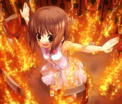 Rule 34 | 1girl, brown eyes, brown hair, dress, fire, fisheye, hagiwara yukiho, idolmaster, idolmaster (classic), outstretched arms, perspective, sandals, short hair, shovel, solo, spread arms, tilm, worktool