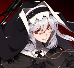 Rule 34 | 1girl, arknights, bad link, black capelet, black headwear, black thighhighs, buckle, capelet, closed mouth, commission, cropped, eyebrows hidden by hair, grey hair, habit, hair between eyes, highres, jewelry, kamenozoki momomo, long hair, looking at viewer, necklace, nun, red background, red eyes, skeb commission, smile, solo, source request, specter (arknights), thighhighs, tsurime, very long hair