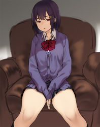 Rule 34 | 1girl, black skirt, bow, bowtie, breasts, couch, hair ornament, hairclip, houtengeki, long sleeves, looking at viewer, original, parted lips, purple hair, purple sweater, red bow, red bowtie, red eyes, short hair, sitting, skirt, solo, sweater, thighs