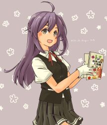 Rule 34 | 1girl, ahoge, black skirt, black vest, book, brown eyes, collared shirt, dress shirt, floral print, gloves, hagikaze (kancolle), highres, kantai collection, long hair, looking at viewer, neck ribbon, one side up, open mouth, pleated skirt, pot-de, purple background, purple hair, red ribbon, ribbon, school uniform, shirt, skirt, solo, vest, white gloves, white shirt