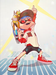 Rule 34 | 1boy, arm up, baseball cap, black shorts, blue hair, camouflage, camouflage headwear, commentary, cross-laced footwear, crown, full body, gun, hat, highres, holding, holding gun, holding weapon, index finger raised, inkling, inkling boy, inkling player character, male focus, nintendo, open mouth, red eyes, red footwear, shoes, short hair, shorts, smile, solo, sparkle, splash-o-matic (splatoon), splatoon (series), splatoon 3, standing, sweater, symbol-only commentary, taro garlic, teeth, tentacle hair, weapon, white background, white sweater