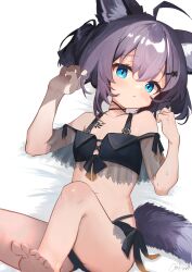 Rule 34 | 1girl, absurdres, ahoge, animal ear fluff, animal ears, arknights, arms up, ass, barefoot, bikini, black bikini, blue eyes, commentary, delfino, expressionless, feet, fox ears, fox girl, fox tail, grey hair, highres, legs up, lying, material growth, on back, oripathy lesion (arknights), short hair, soles, solo, sussurro (arknights), sussurro (summer flower) (arknights), swimsuit, tail, thighs, toes