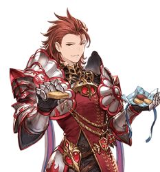 Rule 34 | 10s, 1boy, armor, cookie, feeding, food, gauntlets, granblue fantasy, incoming food, male focus, minaba hideo, official art, percival (granblue fantasy), pov, red hair, short hair, solo, transparent background, upper body, white day
