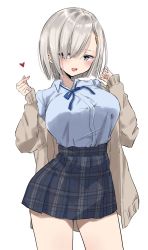 Rule 34 | 1girl, alternate costume, black skirt, blue eyes, blue shirt, breasts, brown cardigan, cardigan, chigasaki yukari, collared shirt, commentary request, contrapposto, cowboy shot, gesture, hair ornament, hair over one eye, hairclip, hamakaze (kancolle), highres, kantai collection, large breasts, plaid, plaid skirt, pleated skirt, school uniform, shirt, short hair, simple background, skirt, skirt hold, smile, solo, white background, white hair