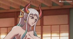 Rule 34 | 1girl, artyum99, breast press, breasts, horns, large breasts, nipple slip, nipples, nude, one piece, yamato (one piece)