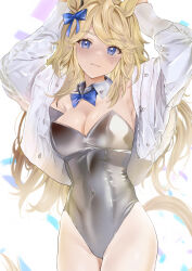 Rule 34 | 1girl, absurdres, alternate costume, animal ears, arms up, black leotard, blonde hair, blue bow, blue bowtie, blue eyes, bow, bowtie, breasts, cleavage, commentary request, covered navel, cowboy shot, detached collar, gold city (umamusume), hair bow, highres, horei tsuna, horse ears, jacket, large breasts, leotard, long hair, looking at viewer, open clothes, open jacket, solo, standing, strapless, strapless leotard, swept bangs, umamusume, very long hair, white background, white jacket