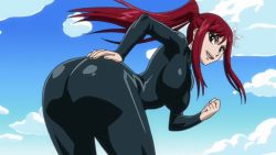 Rule 34 | 10s, 1girl, ass, ass grab, ass shake, bodysuit, breasts, erza scarlet, fairy tail, female focus, huge ass, large breasts, leotard, long hair, ponytail, red hair, screencap, skin tight, sky, talking, thick thighs, thighs