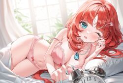 Rule 34 | 1girl, alarm clock, blanket, blunt bangs, bow, bow bra, bow panties, bra, breasts, cleavage, clock, commentary, gem, genshin impact, hair ornament, hairclip, jewelry, lace, lace-trimmed bra, lace-trimmed panties, lace trim, long hair, lying, myless, nail, nilou (genshin impact), on bed, on side, one eye closed, open mouth, panties, pillow, red hair, ring, simple background, strap slip, tears, underwear, underwear only, window
