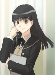 Rule 34 | amagami, ayatsuji tsukasa, black hair, bow, long hair, sakamoto mineji, school, school uniform, smile, solo