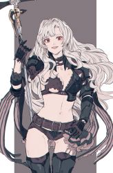 Rule 34 | 1girl, alternate color, armor, blush, braid, breasts, cleavage, damaged, dark persona, granblue fantasy, hair intakes, hair ornament, hairband, highres, large breasts, long hair, looking at viewer, red eyes, shimatani azu, smile, solo, torn clothes, underwear, uniform, white hair, zeta (granblue fantasy)