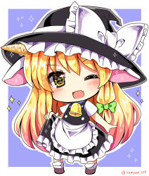 Rule 34 | 1girl, ;d, animal ears, bell, blonde hair, bow, chibi, full body, green bow, hair bow, hat, highres, horns, kirisame marisa, long hair, one eye closed, open mouth, ramudia (lamyun), sheep ears, sheep horns, smile, solo, touhou, twitter username, witch hat, yellow eyes