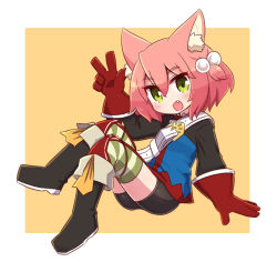 Rule 34 | 1girl, 7th dragon, 7th dragon (series), :d, animal ear fluff, animal ears, arm up, belt, belt buckle, bike shorts, black footwear, black shorts, blue jacket, blush, boots, brown background, buckle, cat ears, commentary request, fang, fighter (7th dragon), full body, gloves, green eyes, hair between eyes, hair bobbles, hair ornament, harukara (7th dragon), highres, jacket, knee boots, knees up, long sleeves, looking at viewer, naga u, one side up, open mouth, pink hair, red gloves, short shorts, shorts, smile, solo, striped clothes, striped thighhighs, thighhighs, thighhighs under boots, two-tone background, w, white background, white belt