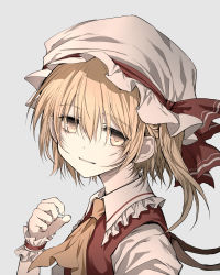 Rule 34 | 1girl, absurdres, ascot, blonde hair, collared shirt, flandre scarlet, frilled shirt collar, frills, grey background, hat, highres, long hair, mob cap, red vest, shimoda masaya, shirt, short sleeves, sidelocks, simple background, solo, touhou, upper body, vest, white hat, white shirt, wrist cuffs, yellow ascot, yellow eyes