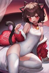 Rule 34 | 1girl, absurdres, animal ears, arm support, bed, bell, black hair, blush, canopy bed, cat ears, cat girl, cat tail, commission, covered navel, female focus, gilmang, heart, heart-shaped pillow, highres, huge filesize, jingle bell, lamp, leaning to the side, looking at viewer, mole, mole on thigh, mole under eye, neck bell, on bed, one-piece swimsuit, open mouth, original, pillow, red eyes, sitting, solo, swimsuit, tail, thighhighs, white one-piece swimsuit, white thighhighs, yes-no pillow