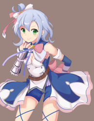 Rule 34 | 1girl, belt, blue gloves, blue hair, blue shorts, bow, brown background, closed mouth, cowboy shot, detached collar, fingerless gloves, flower knight girl, gloves, green eyes, hair bow, hand on own hip, highres, kogetsu azami, laurentia (flower knight girl), looking at viewer, pink bow, short hair, shorts, side ponytail, smile, solo, star (symbol)