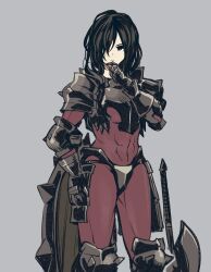 Rule 34 | 1girl, armor, axe, berengaria (unicorn overlord), black hair, bodysuit, boobplate, breastplate, crotch plate, gauntlets, highres, ishiyumi, red bodysuit, red eyes, shield, short hair, shoulder plates, simple background, solo, spiked armor, thinking, unicorn overlord, vanillaware