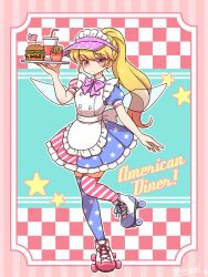 Rule 34 | 1girl, american flag, american flag dress, american flag legwear, apron, blonde hair, blue background, blue dress, blue flower, bow, bowtie, burger, chips (food), closed mouth, clownpiece, cocktail, cocktail glass, collar, cup, dress, drinking glass, eyes visible through hair, fairy wings, flower, food, hair between eyes, hat, highres, long hair, looking at viewer, multicolored background, multicolored clothes, multicolored dress, pink background, pink bow, pink bowtie, pink flower, pink hat, polka dot, polka dot bow, ponytail, potato chips, puffy short sleeves, puffy sleeves, red dress, red eyes, roller shoes, shitacemayo, shoes, short sleeves, sneakers, solo, standing, standing on one leg, star (symbol), star print, striped background, striped clothes, striped dress, thighhighs, touhou, tray, white apron, white background, white bow, white dress, white footwear, wings