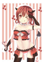 Rule 34 | &gt;;q, &gt; o, 10s, 1girl, absurdres, armpits, bat hair ornament, black gloves, black thighhighs, blush, bow, breasts, choker, cleavage, closed mouth, contrapposto, cowboy shot, demon horns, demon tail, esencey, fang, fang out, frills, gabriel dropout, gloves, hair ornament, hair rings, heart, highres, holding, horns, looking at viewer, medium breasts, nose, one eye closed, orange eyes, orange hair, satanichia kurumizawa mcdowell, signature, solo, standing, striped, striped background, tail, thighhighs, tongue, tongue out, v-shaped eyebrows, vertical stripes, wand, white bow