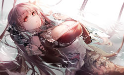 Rule 34 | 1girl, azur lane, bad id, bad pixiv id, bare shoulders, between breasts, black dress, blush, breasts, cleavage, dress, formidable (azur lane), frilled dress, frills, hair ribbon, hands up, highres, jewelry, large breasts, long hair, long sleeves, looking at viewer, nail polish, parted lips, partially submerged, red eyes, ribbon, solo, suru (ksoo420), twintails, two-tone dress, very long hair