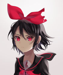 Rule 34 | 1girl, alternate color, alternate eye color, alternate hair color, aryuma772, black hair, black sailor collar, black serafuku, black shirt, bow, closed mouth, collared shirt, floating hair, hair between eyes, hair bow, highres, kagamine rin, lost one no goukoku (vocaloid), neckerchief, portrait, red bow, red eyes, red neckerchief, sailor collar, sailor collar lift, sailor shirt, school uniform, serafuku, shirt, short hair, simple background, solo, torn bow, vocaloid, white background