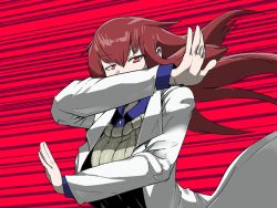 Rule 34 | 1girl, blouse, blue shirt, brown eyes, collared shirt, crossed arms, game cg, hair blowing, lab coat, long hair, looking at viewer, mon-musu quest!, mon-musu quest: paradox, parody, promestein, red background, red hair, setouchi (blackse), shirt, sidelocks, simple background, solo, steins;gate, upper body