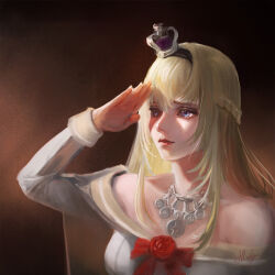 Rule 34 | 1girl, arise (allicenogalca), blonde hair, blue eyes, braid, breasts, brown background, closed mouth, crown, dress, flower, french braid, hair between eyes, highres, jewelry, kantai collection, long hair, long sleeves, medium breasts, mini crown, necklace, off-shoulder dress, off shoulder, realistic, red flower, red rose, rose, salute, signature, solo, tears, upper body, warspite (kancolle)