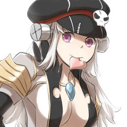 Rule 34 | 1girl, black hat, bolt (hardware), breasts, cabbie hat, closed mouth, coat, commentary request, gem, grey coat, hat, hat ornament, heart, heart in mouth, jewelry, long hair, looking at viewer, medium breasts, natsuya (kuttuki), necklace, pink eyes, ragnarok online, simple background, skull hat ornament, solo, upper body, warlock (ragnarok online), white background, white hair