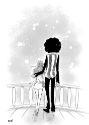 Rule 34 | 1boy, 1girl, afro, age difference, artist request, bare legs, black pants, brook (one piece), dress, end card, from behind, full body, hand on another&#039;s shoulder, high heels, highres, long hair, long sleeves, monochrome, nami (one piece), one piece, pants, simple background, source request, standing, striped clothes, vertical-striped clothes, white background