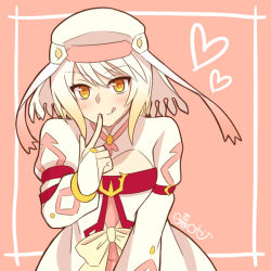Rule 34 | 1girl, alice (tales), blonde hair, blush, breasts, hat, heart, jacket, long hair, looking at viewer, medium breasts, orange eyes, pink background, ribbon, smile, solo, tales of (series), tales of symphonia: dawn of the new world, tongue, tongue out