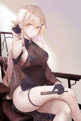 Rule 34 | 1girl, bare legs, bare shoulders, black dress, black gloves, blonde hair, braid, breasts, china dress, chinese clothes, cleavage, covered navel, crossed legs, detached sleeves, dress, girls&#039; frontline, gloves, highres, holding, large breasts, long hair, long sleeves, looking at viewer, no panties, official alternate costume, orange eyes, ots-14 (girls&#039; frontline), ots-14 (sangria succulent) (girls&#039; frontline), pelvic curtain, ru zhai, see-through, sitting, skindentation, smile, solo, thigh strap, thighs, very long hair
