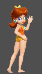 Rule 34 | 1girl, artist request, ass, barefoot, brown hair, feet, highres, legs, mario &amp; sonic at the olympic games, mario (series), nintendo, princess daisy, smile, soles, source request, super mario bros. 1, super mario land, swimsuit, tomboy