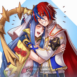 Rule 34 | 1boy, 1girl, :d, adoptive mother, alear (fire emblem), alear (male) (fire emblem), belt, black belt, blue eyes, blue gloves, blue hair, commentary, fire emblem, fire emblem engage, gloves, gzei, hair between eyes, happy tears, highres, hug, lumera (fire emblem), mother and son, multicolored hair, nintendo, open mouth, red hair, shirt, short hair, smile, tears, two-tone hair, upper body, veil, white shirt