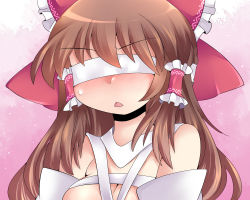 Rule 34 | 1girl, bad id, bad pixiv id, blindfold, blush, bow, breasts, brown hair, cleavage, detached sleeves, face, female focus, hair bow, hair tubes, hakurei reimu, hammer (sunset beach), large breasts, long hair, open mouth, solo, sweatdrop, touhou