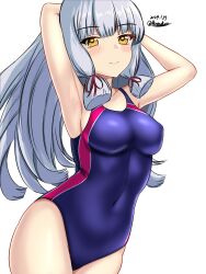 Rule 34 | 1girl, arms behind head, blush, breasts, competition swimsuit, covered navel, cowboy shot, dated, grey hair, hair ribbon, highres, kantai collection, long hair, looking at viewer, medium breasts, montemasa, multicolored clothes, multicolored swimsuit, murakumo (kancolle), one-hour drawing challenge, one-piece swimsuit, purple one-piece swimsuit, red one-piece swimsuit, ribbon, smile, solo, swimsuit, tress ribbon, twitter username, two-tone swimsuit