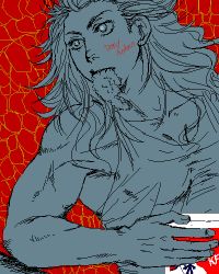 Rule 34 | 1girl, androgynous, bare shoulders, collarbone, dorohedoro, kfc, lowres, muscular, noi (dorohedoro), red background, simple background, solo, upper body, yosie