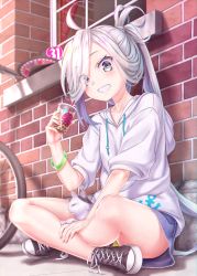 Rule 34 | 1girl, 1other, ahoge, alternate costume, anchor symbol, animal, animal on lap, asashimo (kancolle), bicycle, black footwear, blush, brick wall, bubble tea, casual, cat, cat on lap, cup, denim, denim skirt, disposable cup, drinking straw, eyes visible through hair, full body, gotou hisashi, grey hair, grin, hair over one eye, holding, holding cup, hood, hooded sweater, hoodie, indian style, kantai collection, long hair, long sleeves, looking at viewer, no socks, on lap, panties, ponytail, sharp teeth, shoes, short sleeves, sitting, skirt, smile, sneakers, sweater, teeth, underwear, white sweater, window, yellow panties