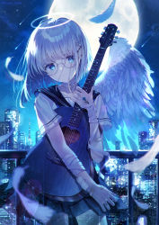 Rule 34 | 1girl, angel wings, bandaged arm, bandages, bandaid, bandaid on hand, black sailor collar, black skirt, blue eyes, building, cityscape, closed mouth, commentary request, falling star, feathered wings, feathers, full moon, glasses, grey-framed eyewear, guitar, halo, head tilt, highres, instrument, kappe reeka, moon, night, night sky, hugging object, original, outdoors, pleated skirt, railing, round eyewear, sailor collar, shirt, short sleeves, skirt, sky, skyscraper, solo, star (sky), starry sky, twitter username, white shirt, white wings, wing hair ornament, wings