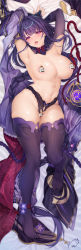 Rule 34 | 1girl, ahegao, armpits, arms up, bed sheet, black panties, breasts, censored, censored nipples, unworn clothes, crotch cutout, curvy, feet, genshin impact, half-closed eyes, highres, japanese clothes, large breasts, lingerie, looking at viewer, lying, naughty face, navel, obiwan, on back, on bed, panties, purple eyes, purple hair, purple thighhighs, raiden shogun, see-through, shiny skin, solo, thick thighs, thighhighs, thighs, tongue, tongue out, topless, underwear, weisuoxin