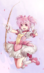 Rule 34 | 10s, 1girl, abe (f!mixture), bad id, bad pixiv id, bow, bow (weapon), choker, dress, full body, gem, gloves, hair bow, jewelry, jumping, kaname madoka, kneehighs, mahou shoujo madoka magica, mahou shoujo madoka magica (anime), open mouth, pink hair, pink theme, purple eyes, ribbon, sky, smile, socks, solo, twintails, weapon