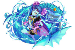 Rule 34 | 1girl, barefoot, blue hair, blue skin, bubble, circlet, colored skin, dragon egg, fish, flat chest, gloves, hair ornament, highres, long hair, looking at viewer, midriff, pointy ears, purple gloves, red eyes, short sleeves, standing, standing on one leg, water, yasu8hasu