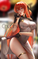 Rule 34 | 1girl, absurdres, alternate costume, alternate hairstyle, arm across waist, artist name, azur lane, black dress, black gloves, blurry, blurry background, blush, braid, breasts, china dress, chinese clothes, chunhwei lee, covered navel, cowboy shot, dress, earrings, fellatio gesture, folded fan, folding fan, gloves, gold, hair between eyes, hair ornament, half gloves, hand fan, hand up, highres, holding, holding fan, jewelry, large breasts, long hair, looking at viewer, mole, mole under eye, monarch (azur lane), monarch (black gerard) (azur lane), open mouth, purple eyes, red hair, side slit, sidelocks, skindentation, solo, thigh strap, thighs, tongue, tongue out