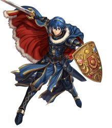Rule 34 | 1boy, armor, armored boots, belt, blue eyes, blue hair, boots, cape, falchion (fire emblem), fingerless gloves, fire emblem, fire emblem: mystery of the emblem, fire emblem heroes, full body, fur trim, gloves, highres, holding, holding shield, holding sword, holding weapon, izuka daisuke, jewelry, male focus, marth (fire emblem), nintendo, non-web source, official art, parted lips, sheath, shield, shoulder armor, shoulder pads, solo, sword, tiara, transparent background, weapon