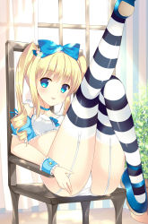 Rule 34 | 1girl, :p, adapted costume, alice (alice in wonderland), alice in wonderland, ass, bekotarou, blonde hair, blue eyes, blush, bow, breasts, chair, choker, drill hair, garter straps, hair bow, highres, leg up, medium breasts, panties, sitting, solo, striped clothes, striped thighhighs, thighhighs, tongue, tongue out, twintails, underwear, white panties, wrist cuffs