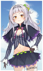 Rule 34 | 1girl, absurdres, black capelet, black skirt, blue sky, blunt bangs, blush, bow, bowtie, breasts, brown gloves, capelet, cleavage, closed mouth, cloud, commentary, cropped shirt, gloves, grey hair, h9 99999, half updo, hand on own hip, highres, hololive, long hair, long sleeves, looking at viewer, looking down, lowleg, lowleg skirt, midriff, miniskirt, murasaki shion, murasaki shion (1st costume), navel, one side up, pinstripe pattern, purple bow, purple bowtie, shirt, short eyebrows, sidelocks, skirt, sky, small breasts, smile, solo, standing, stomach, striped clothes, striped shirt, thighlet, vertical-striped clothes, vertical-striped shirt, virtual youtuber, yellow eyes