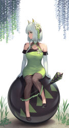 Rule 34 | 1girl, adapted costume, animal ear fluff, animal ears, arknights, athrun1120, black footwear, breasts, cat ears, chinese commentary, closed mouth, collarbone, commentary, commentary request, criss-cross halter, dress, elbow gloves, english commentary, expressionless, flower, full body, gloves, green dress, green eyes, hair flower, hair ornament, halterneck, high heels, highres, kal&#039;tsit (arknights), knees together feet apart, lips, material growth, medium breasts, mixed-language commentary, mon3tr (arknights), oripathy lesion (arknights), partial commentary, pencil dress, plant, see-through, short hair, silver hair, simple background, sitting, sleeveless, sleeveless dress, solo, straight hair, white background, white flower, white gloves